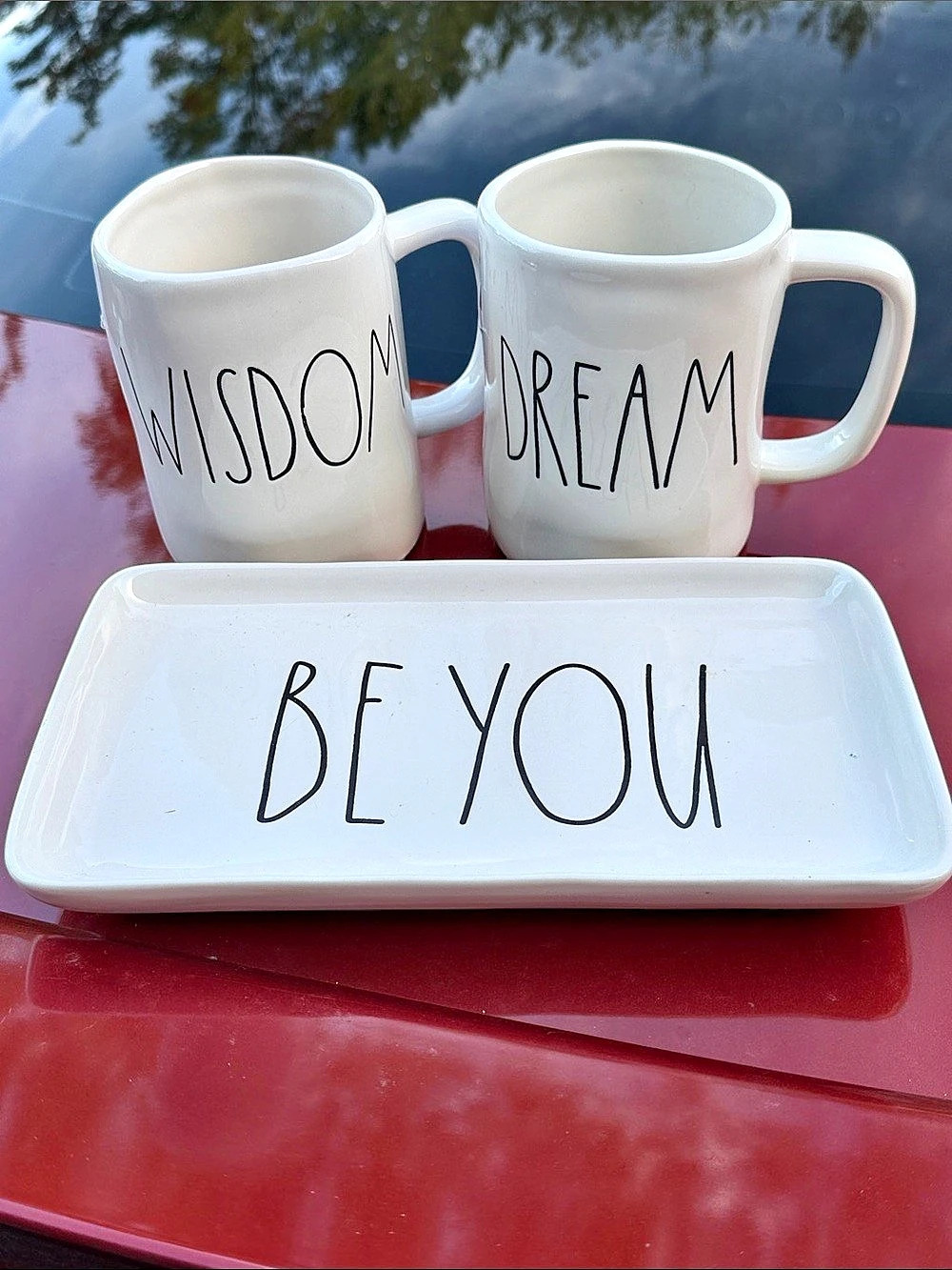 Rae Dunn Wisdom & Dream Mugs with Be You Tray Set, White